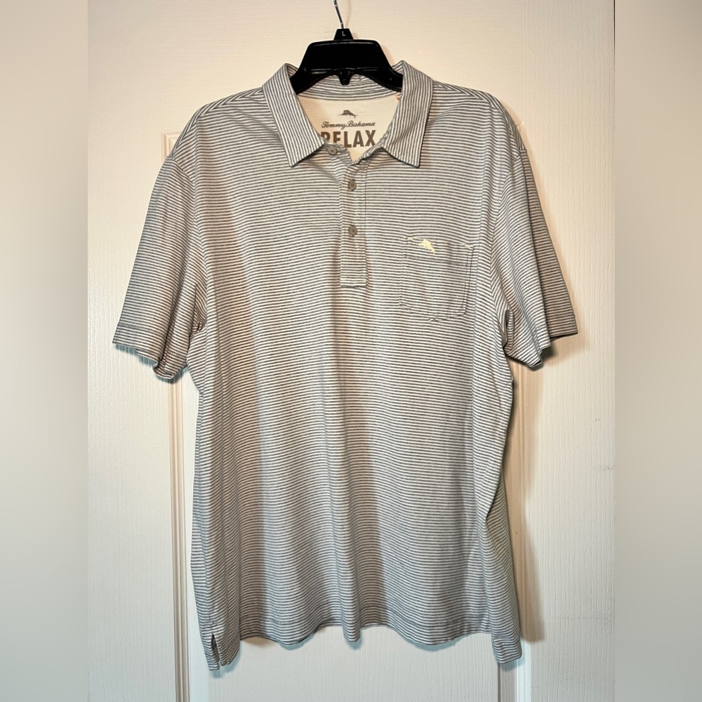 Tommy Bahama Polo Shirt‎ Mens XL Gray Stripe Relax Pima Cotton Golf Casual